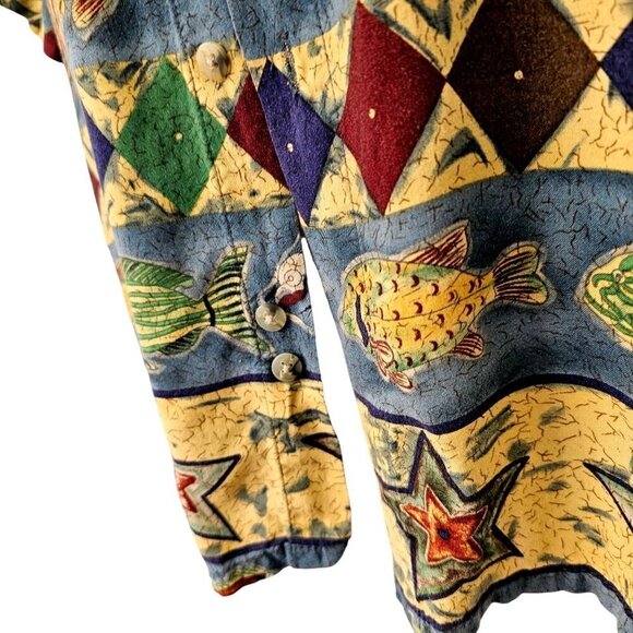 80s-90s Pierre Cardin Hawaiian Shirt Fish Pattern Collared Mens 2XL Blue Multi - Picture 9 of 10